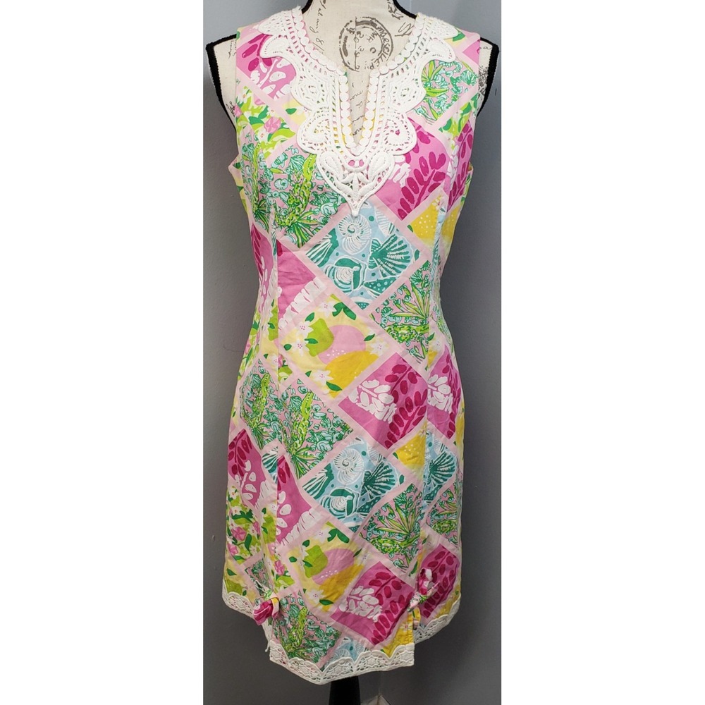 Lilly Pulitzer Shift Dress Women 6 Multi Patchwork Lace Trim Sleeveless Back Zip